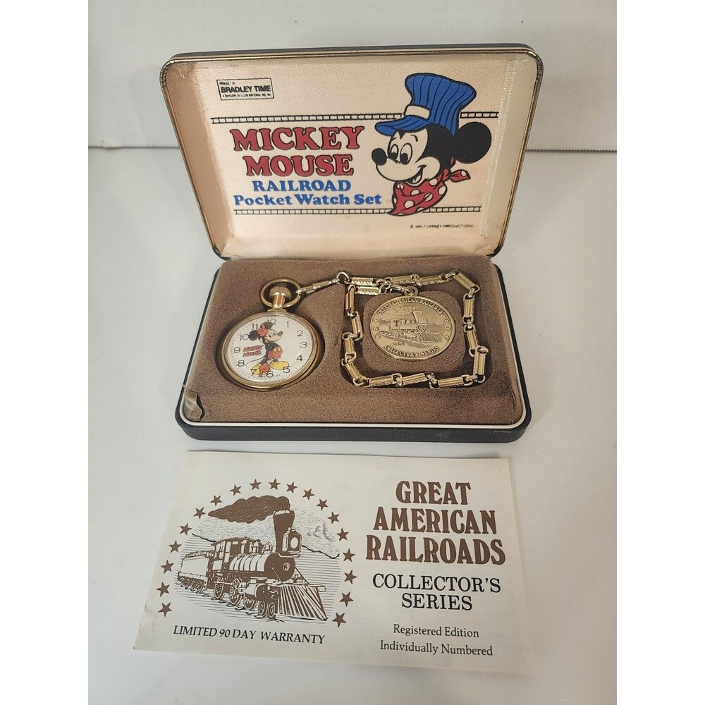 Vintage Mickey Mouse Railroad Pocket Watch Set  With Original Paperwork.
